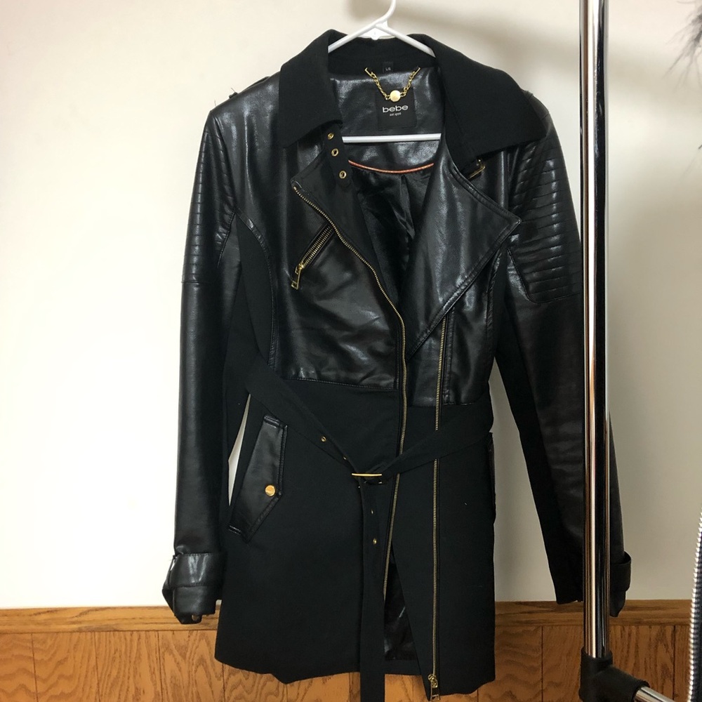 BEBE faux leather coat with gold details. Size L.